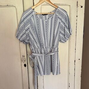 BloomChic Striped Puff-Sleeve Belted Women's Top - Blue and White